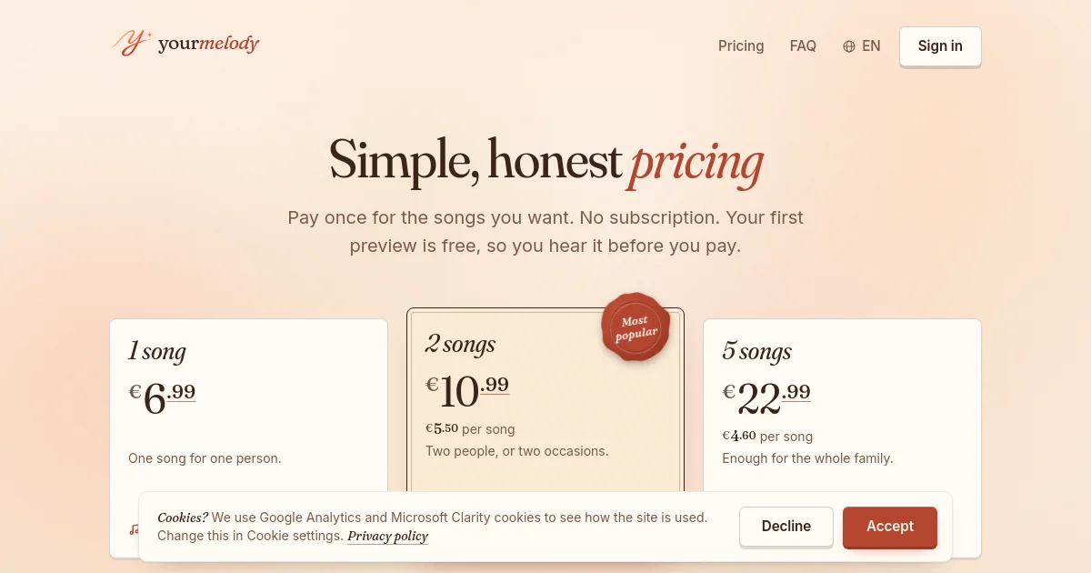 yourmelody pricing page