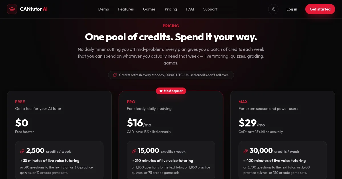 Cantutor pricing page
