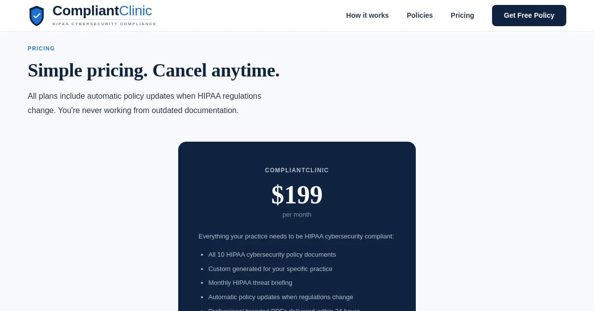 Compliantclinic pricing page
