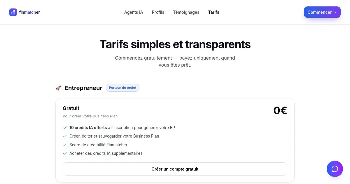 Finmatcher pricing page
