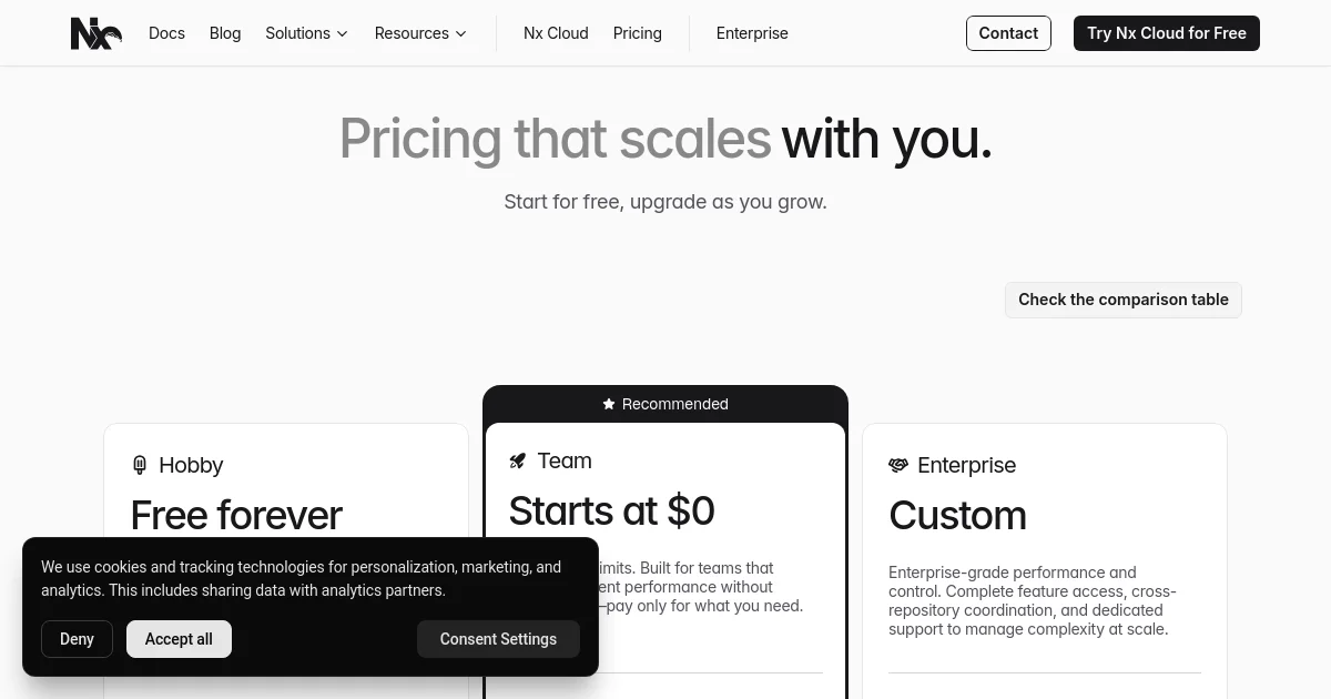 Nx pricing page