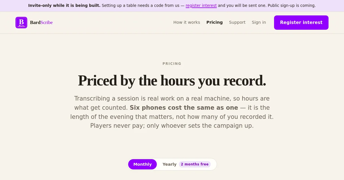 Bardscribe pricing page