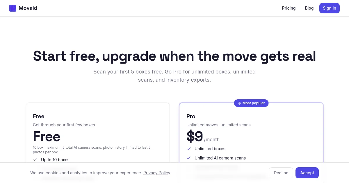 Movaid pricing page