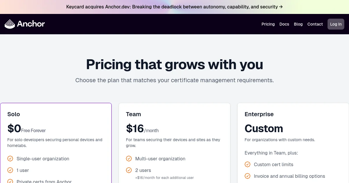 Anchor.dev pricing page