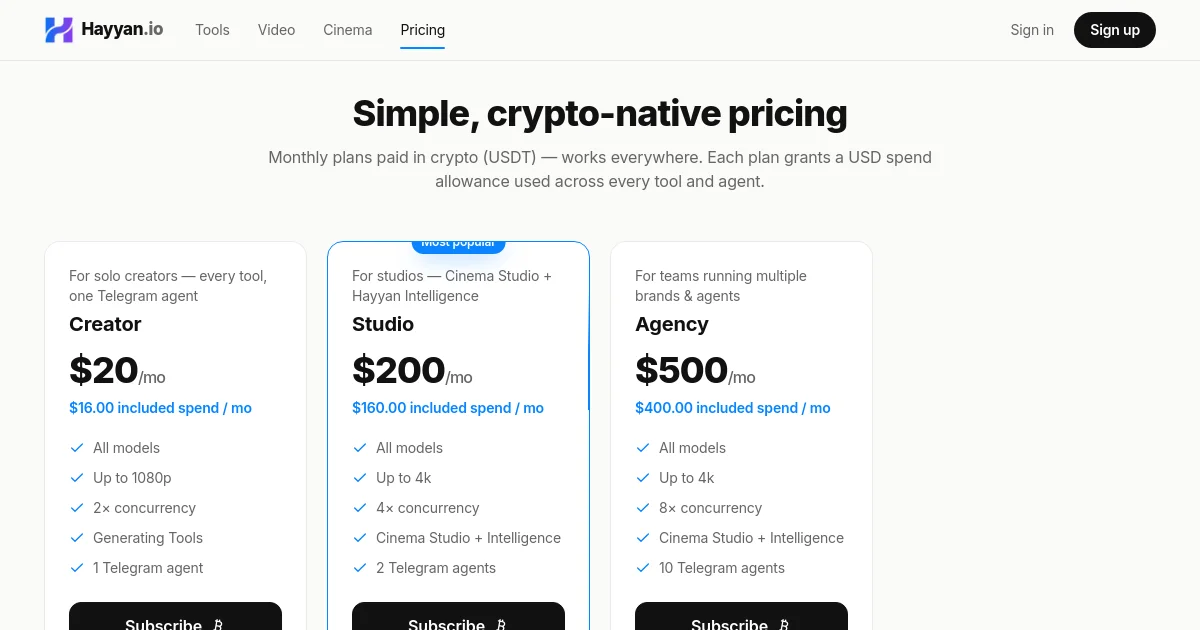 Hayyan pricing page