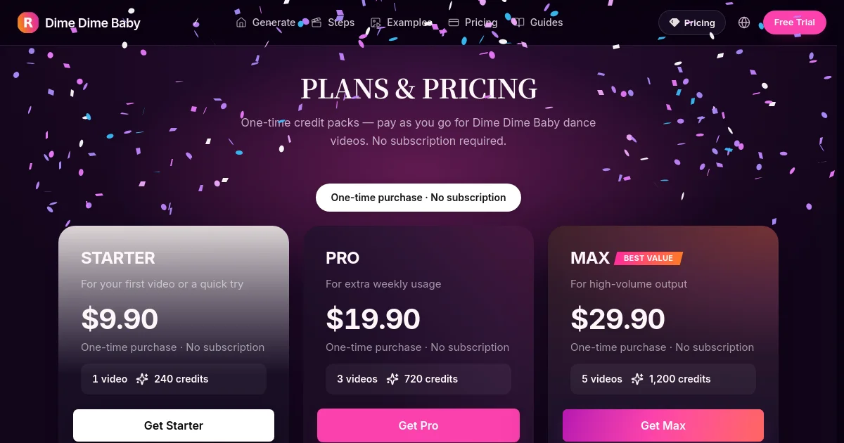 Dime Dime Baby pricing page