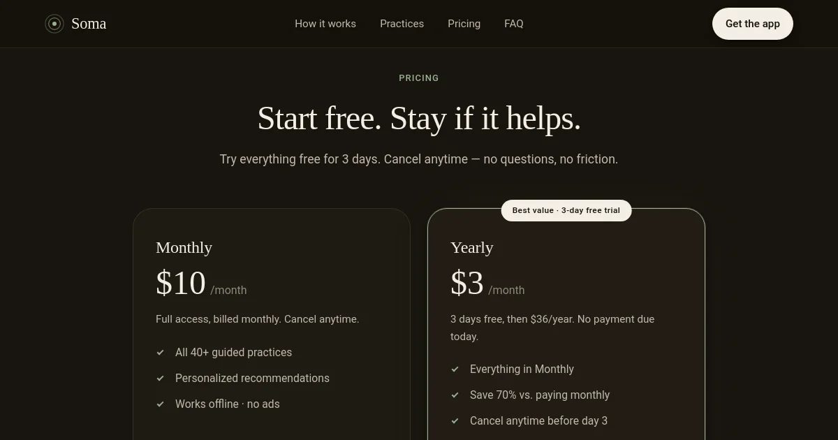 Somapractice pricing page