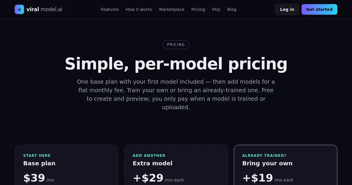 Viralmodel pricing page