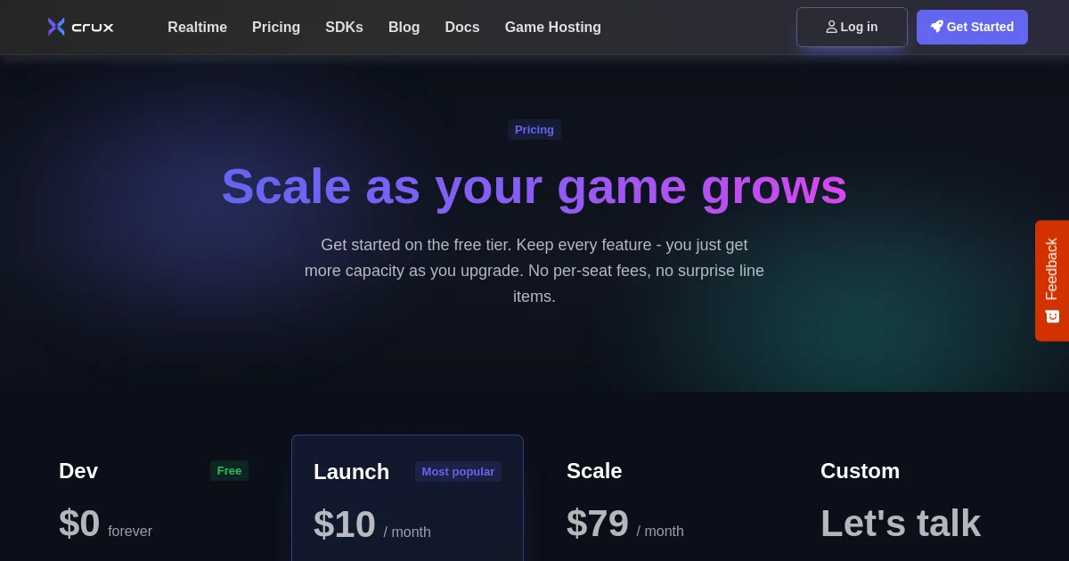 Game Server Backend pricing page