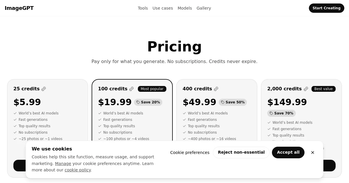 ImageGPT pricing page