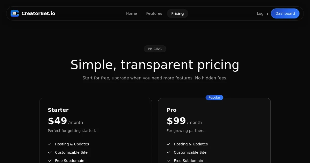 Creatorbet pricing page