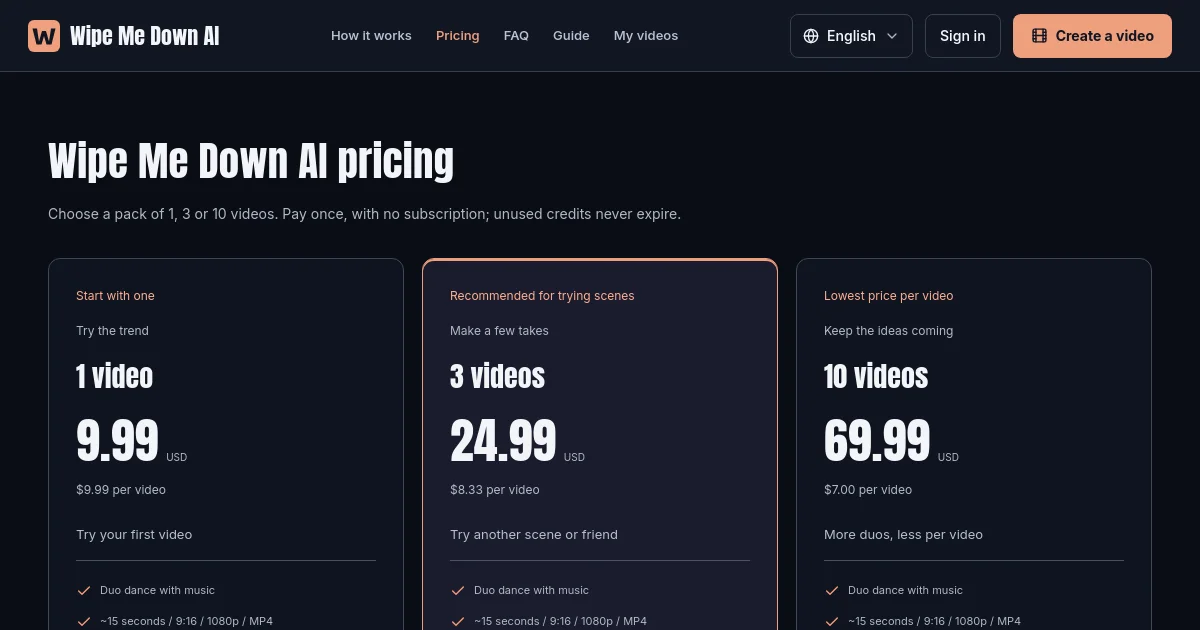 Wipe Me Down AI pricing page