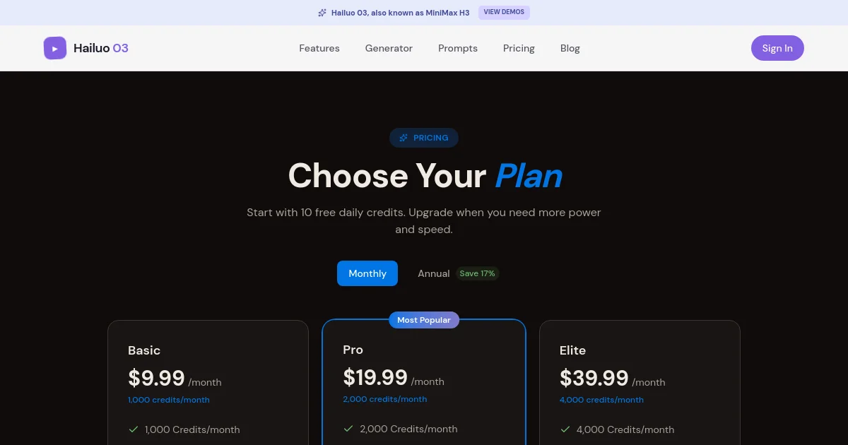 Hailuo 03 pricing page