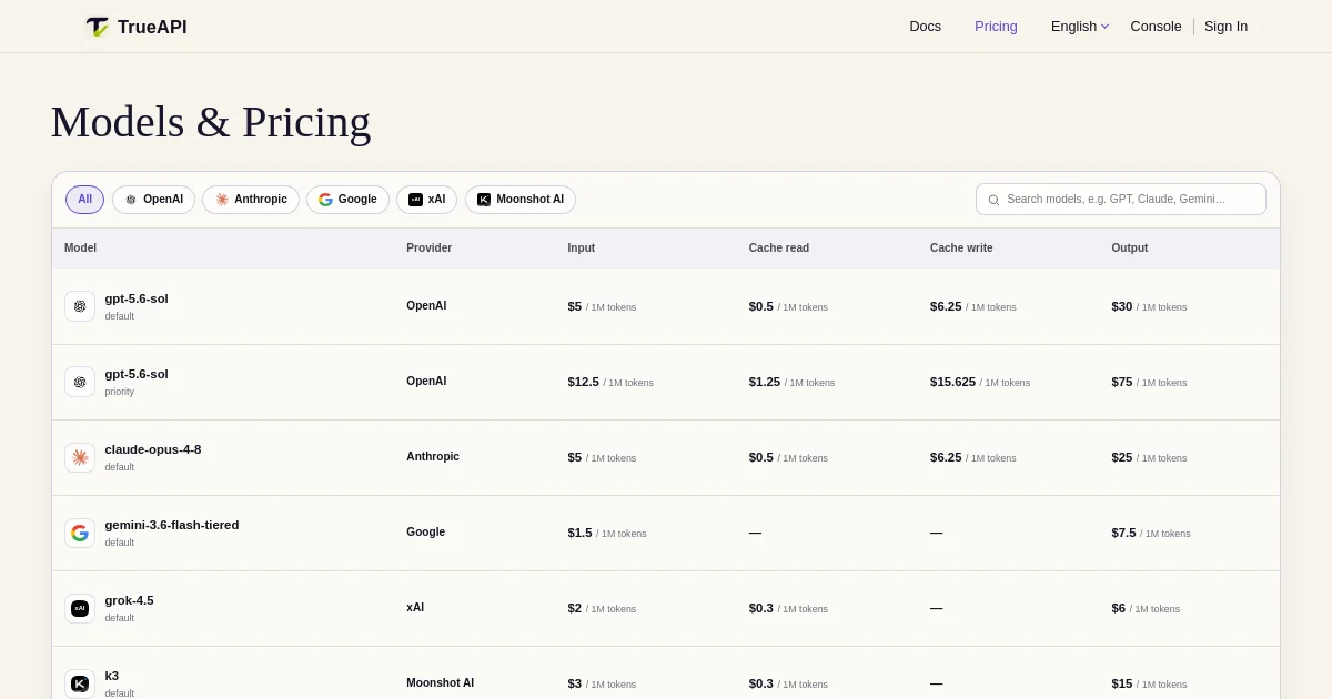 Trueapi pricing page