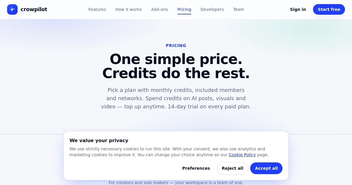 Crowpilot pricing page