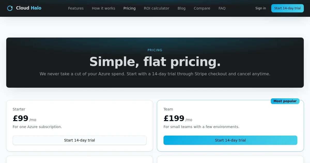 Cloud Halo pricing page