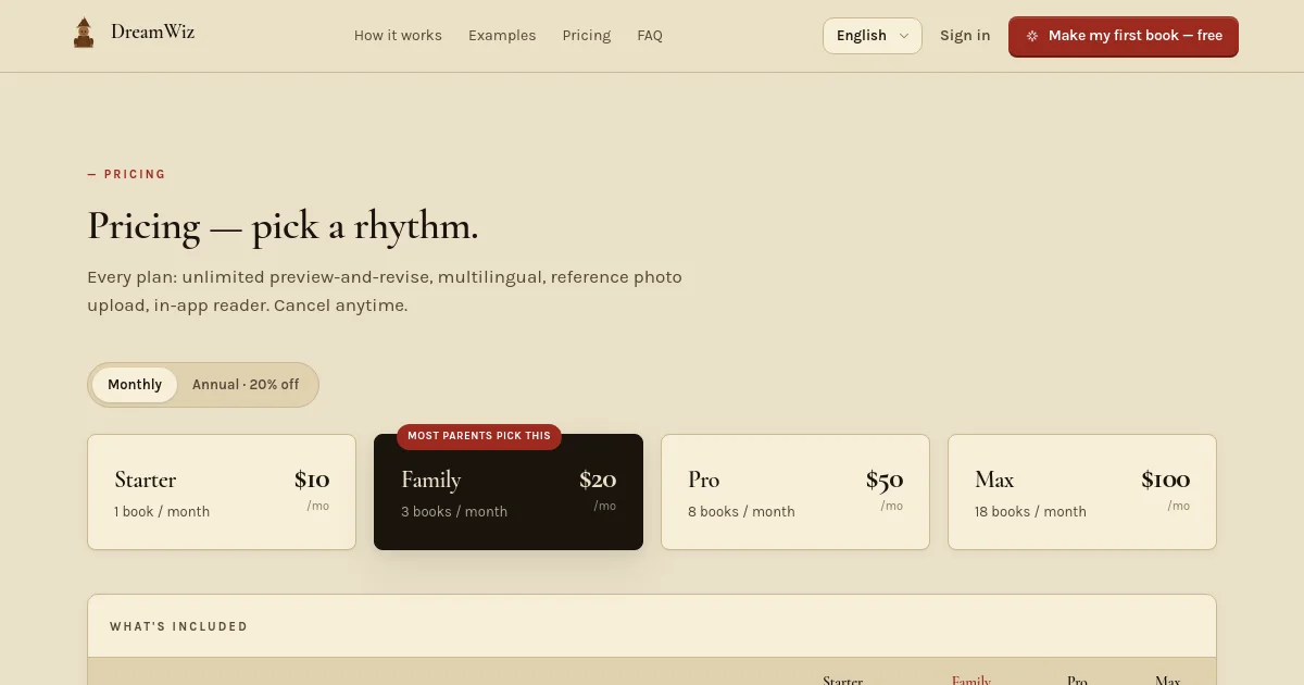 Dreamwiz pricing page