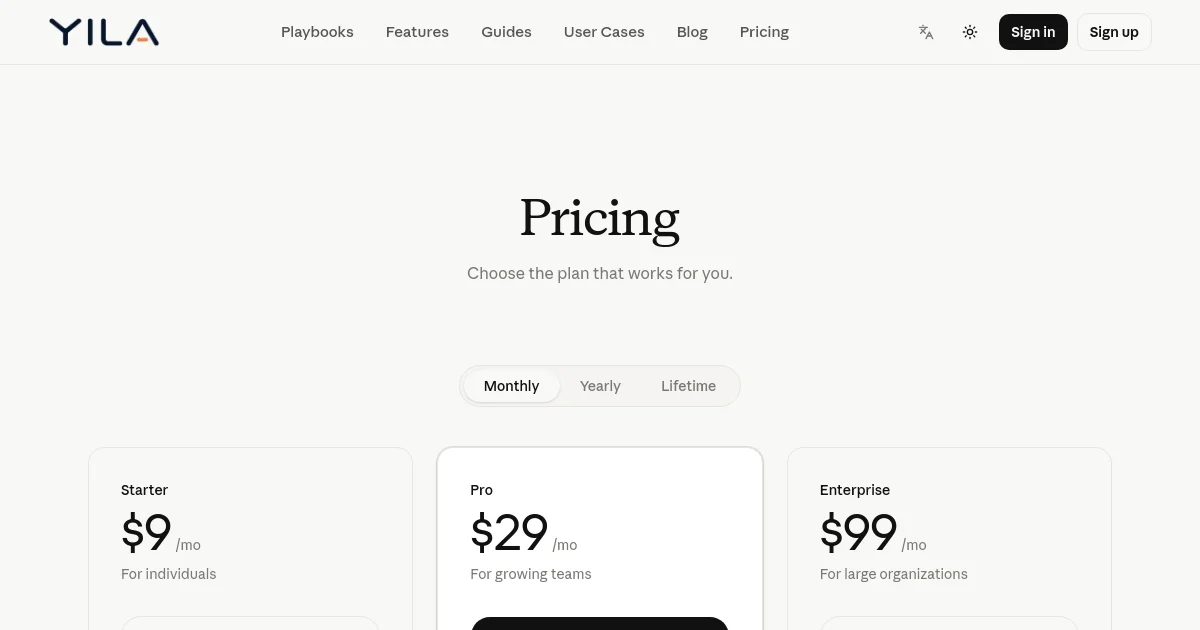 Yila pricing page