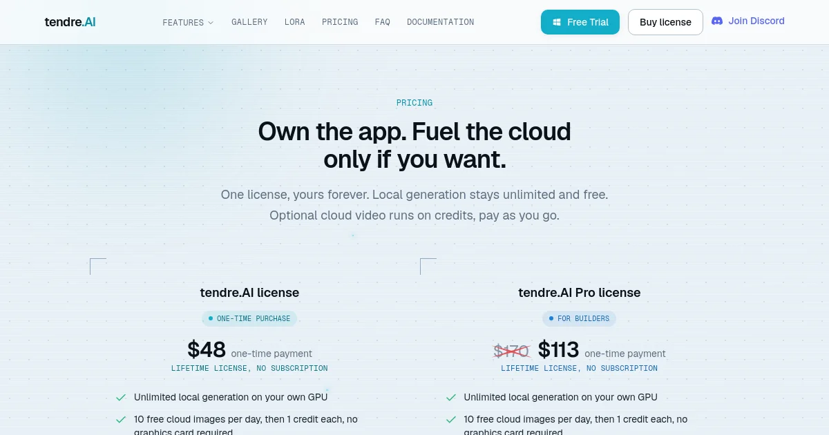 tendre.ai pricing page