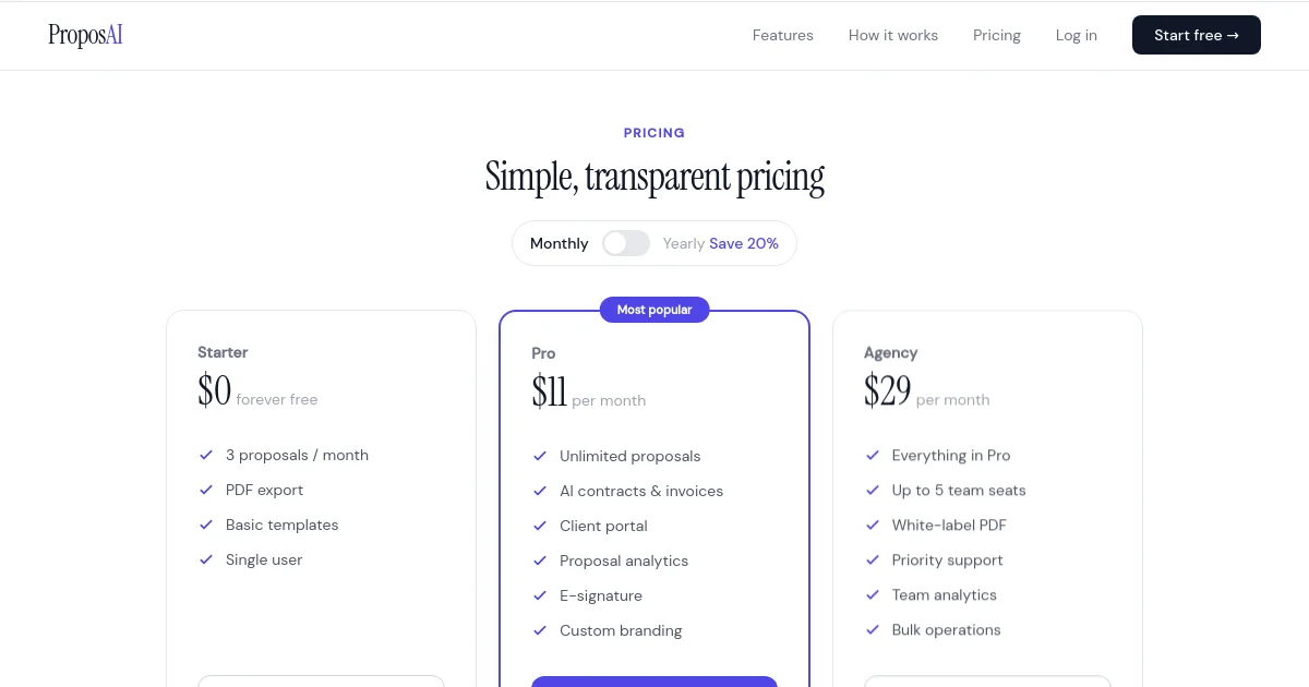 Proposai pricing page