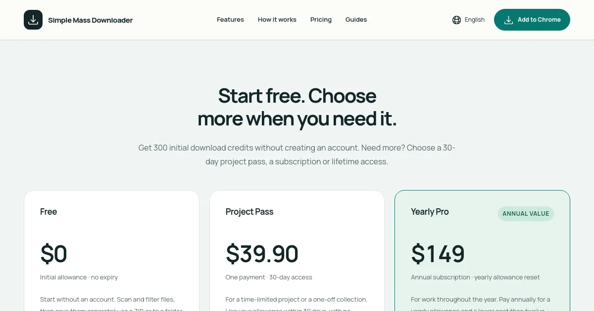 Simple Mass Downloader pricing page