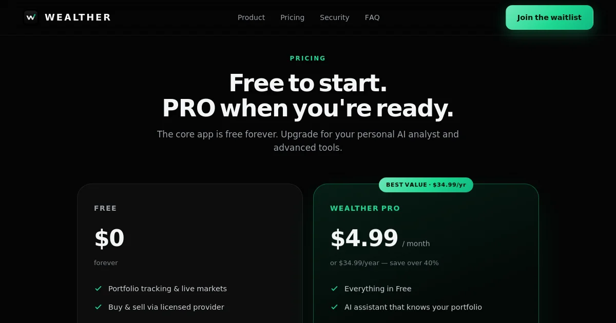 Wealther pricing page