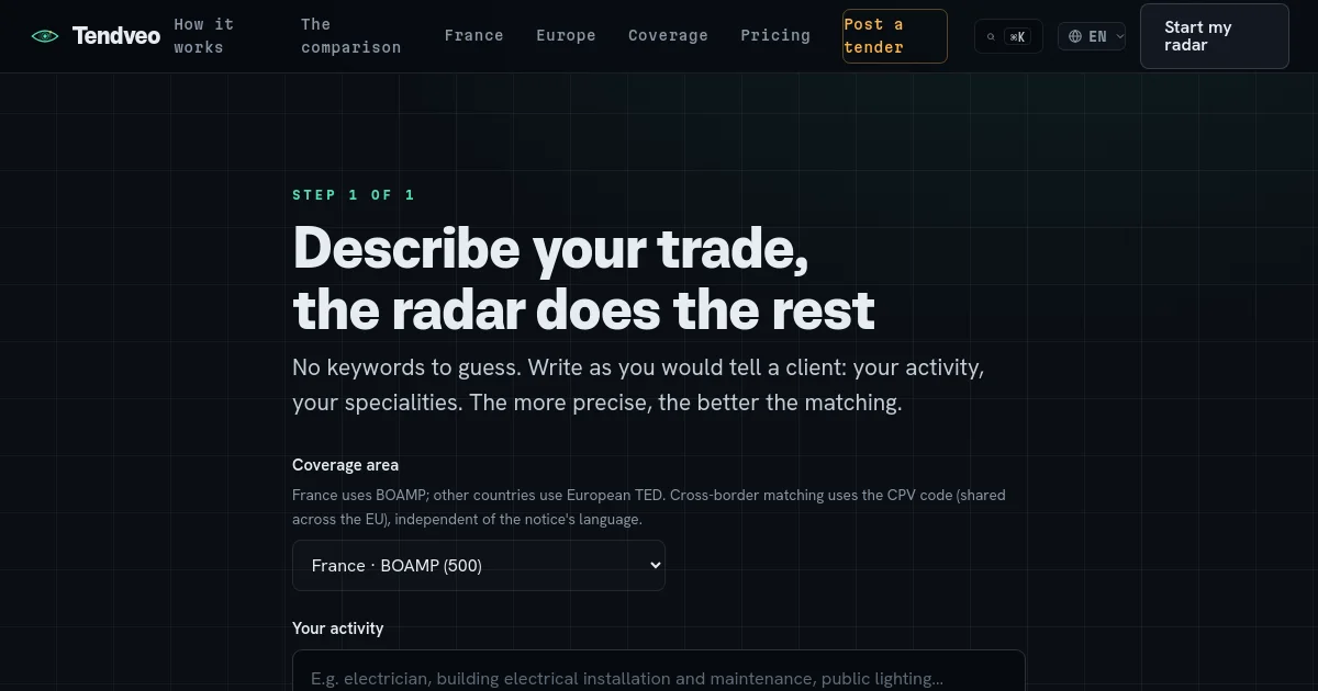 Tendveo pricing page