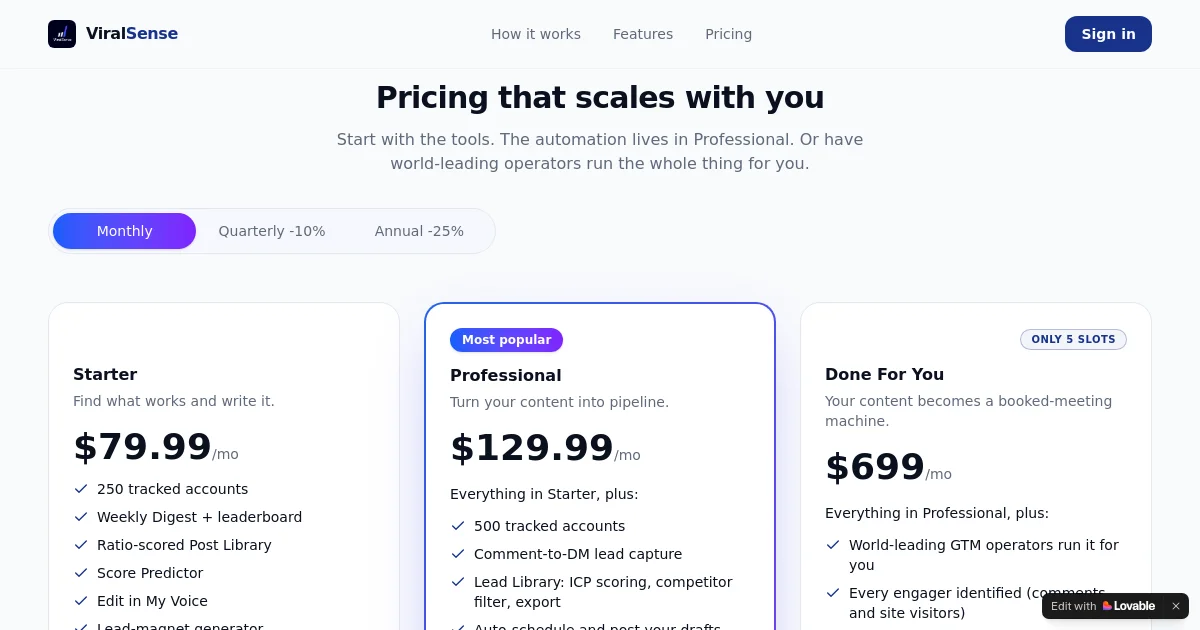Viralsense pricing page