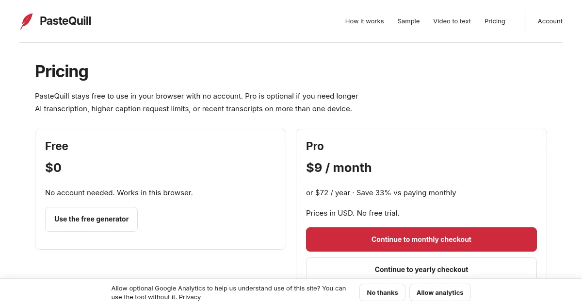 PasteQuill pricing page