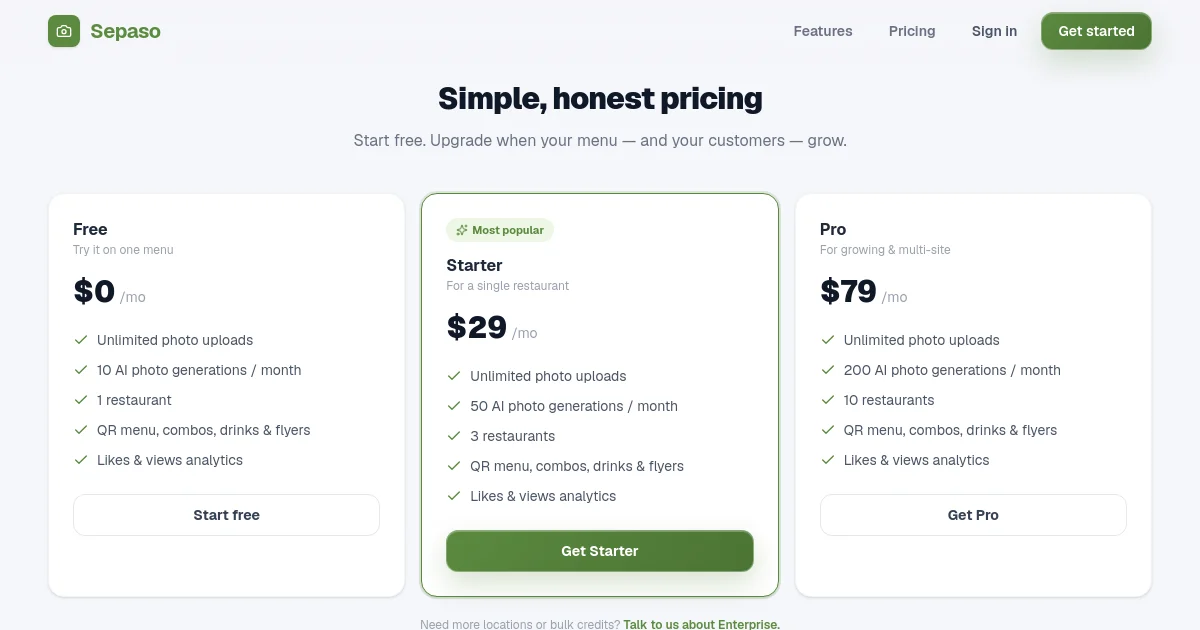 Sepaso pricing page