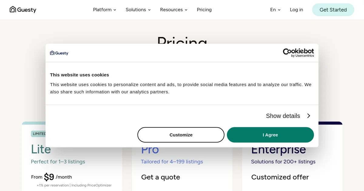 Guesty pricing page