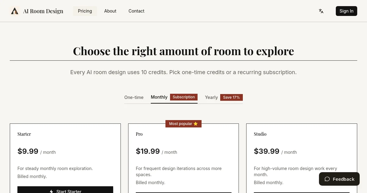 AI Room Design pricing page