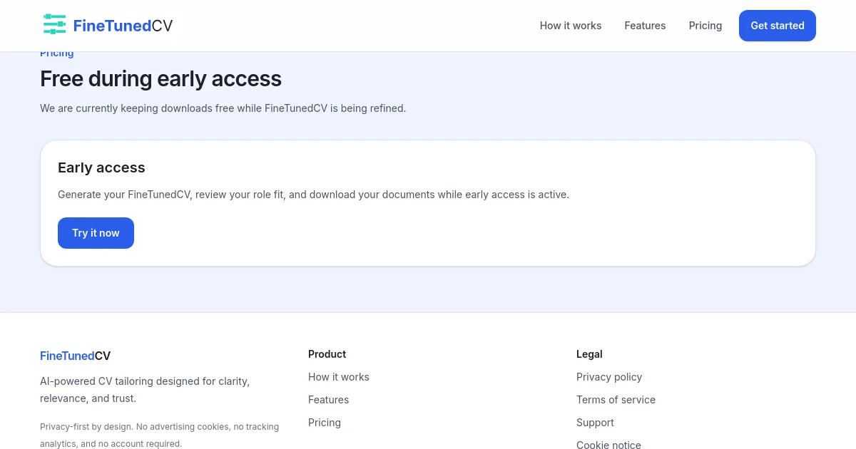 Finetunedcv pricing page