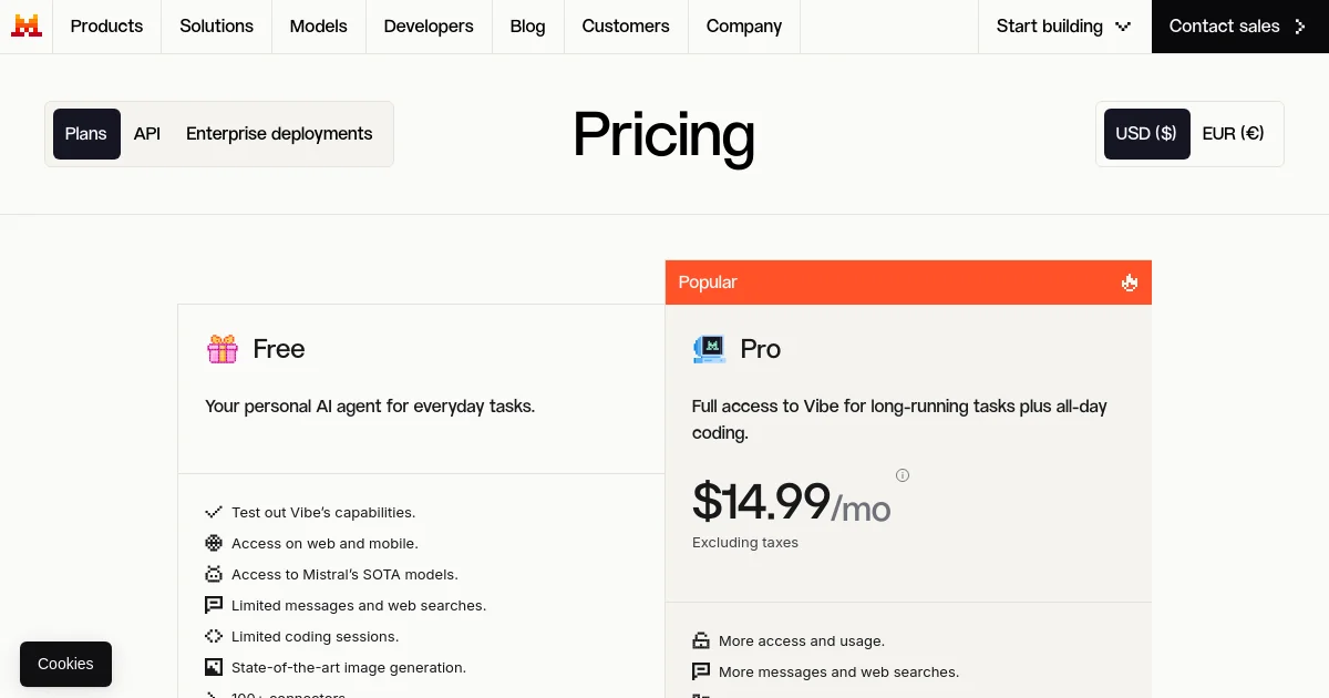 Mistral AI pricing page