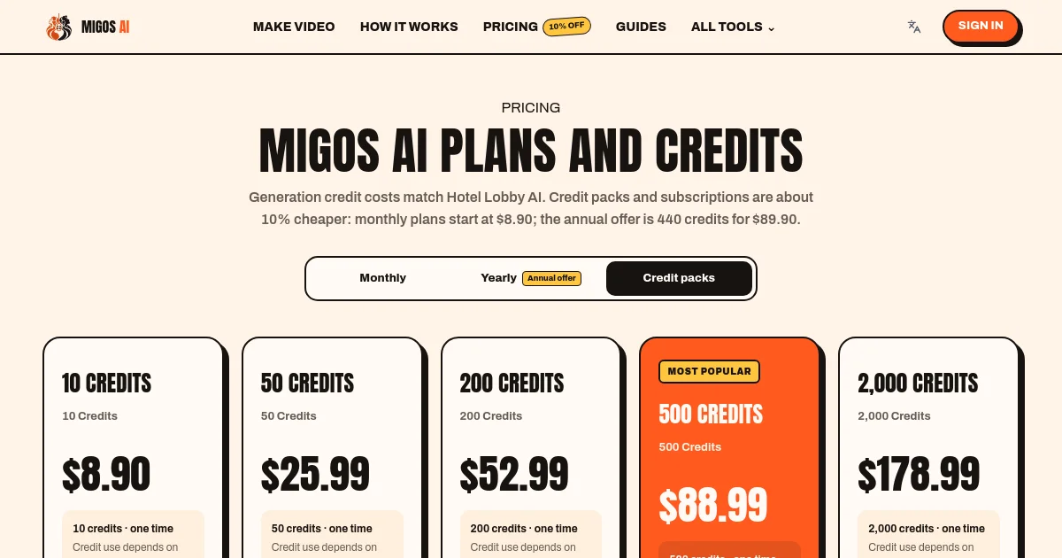 Migos AI pricing page