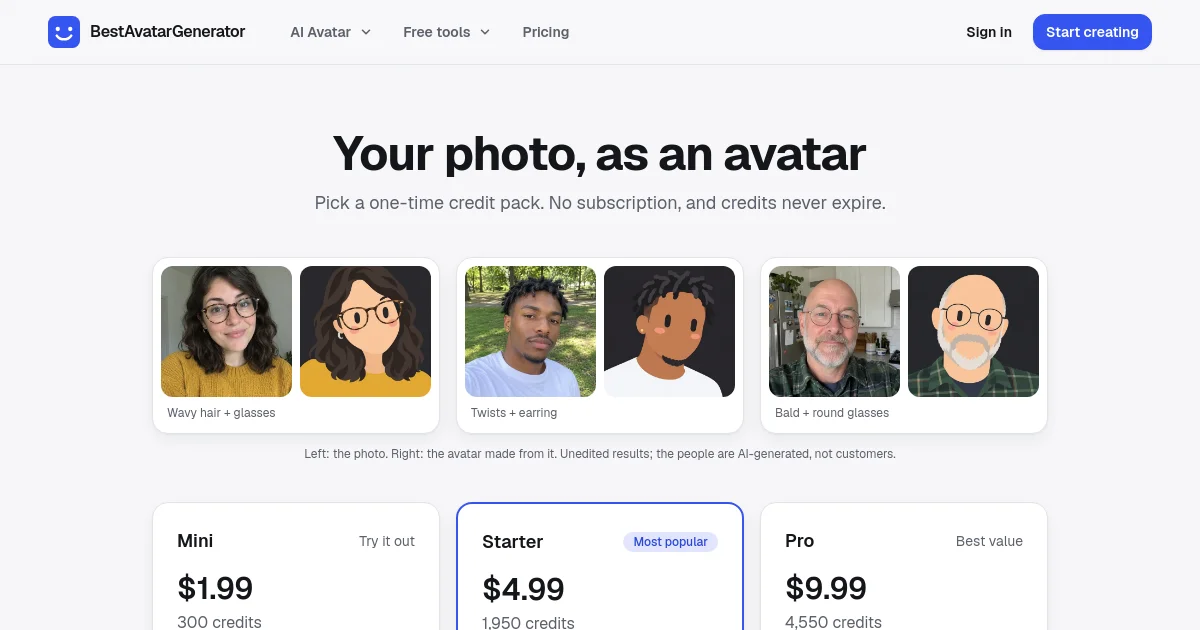 Best Avatar Generator pricing page
