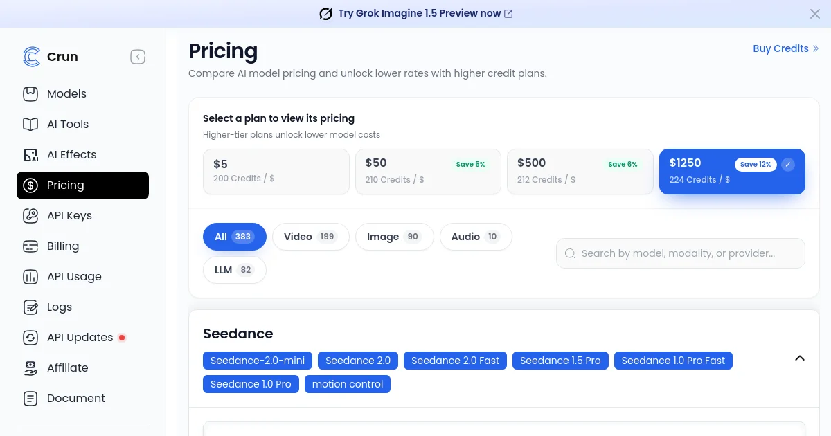 Crun AI pricing page