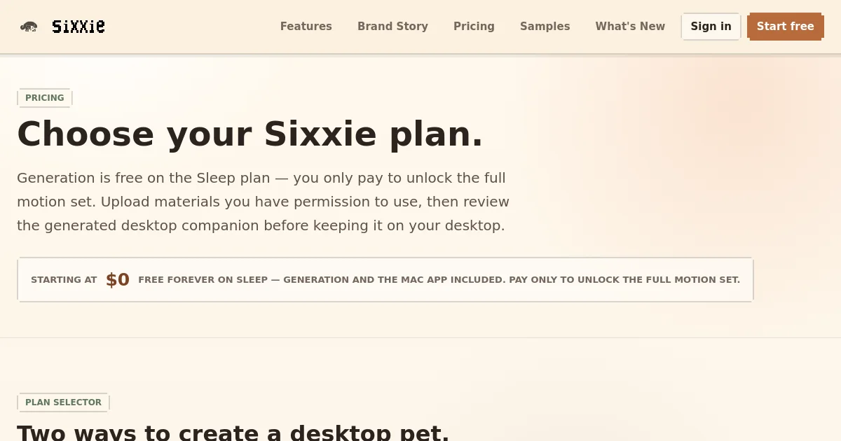 Sixxie pricing page