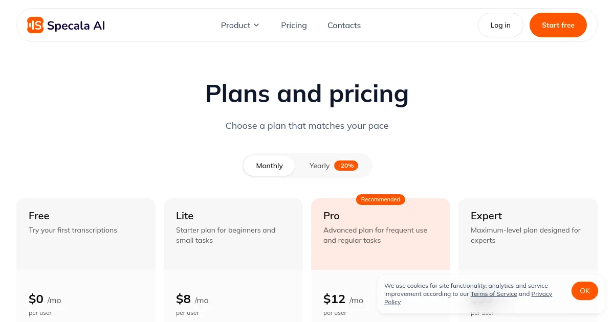 Specala pricing page