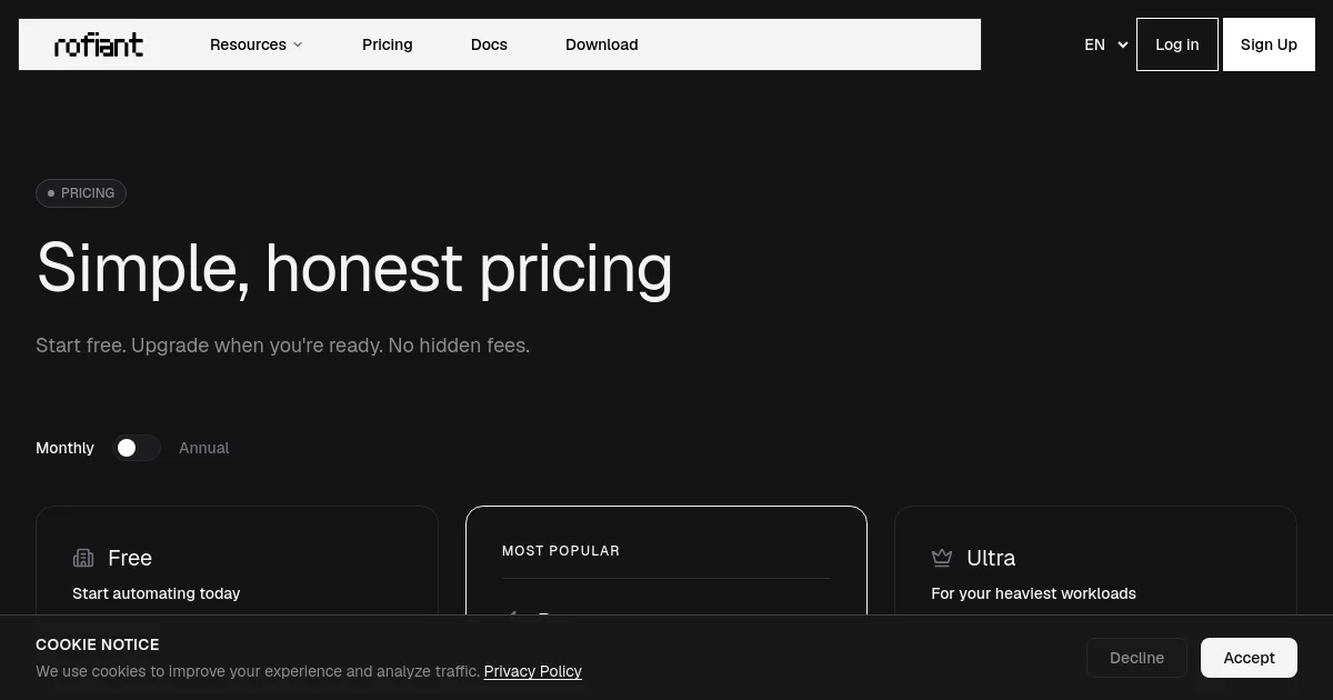 Rofiant pricing page
