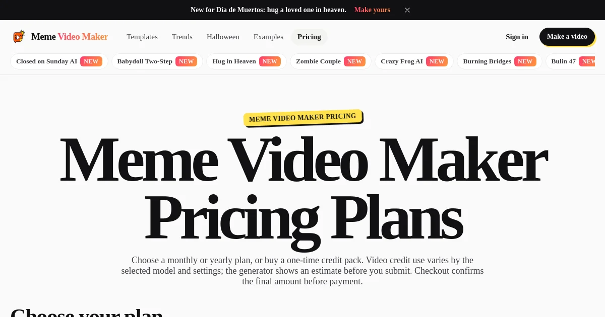 Meme Video Maker pricing page