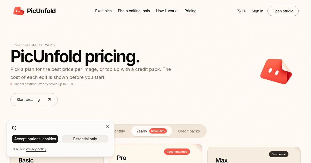 PicUnfold pricing page