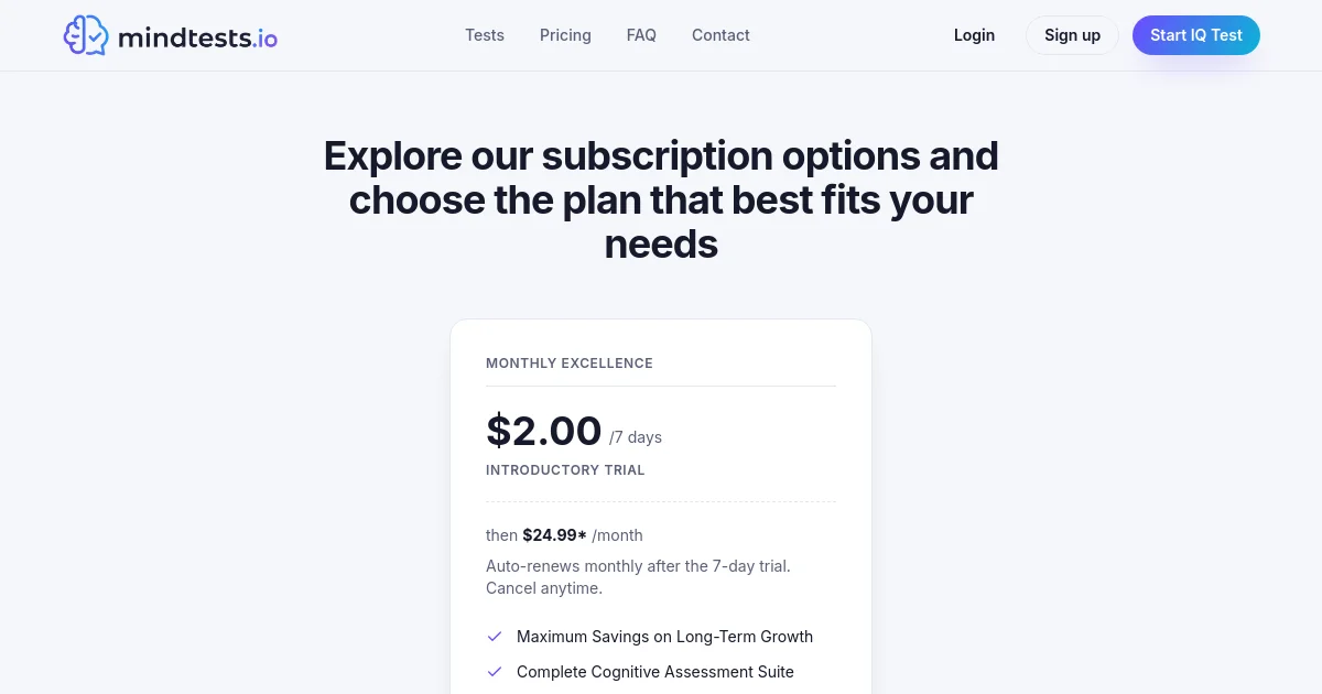 Mindtests pricing page