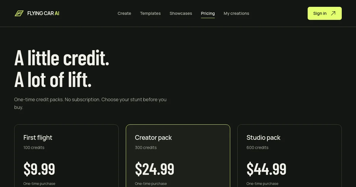 Flying Car AI pricing page