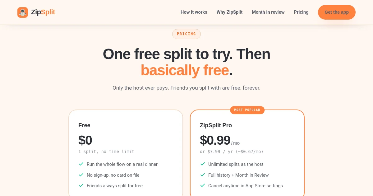 Zipsplit pricing page