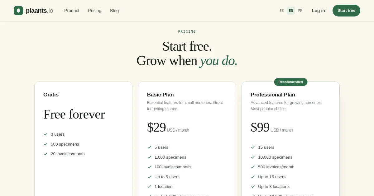 Plaants pricing page