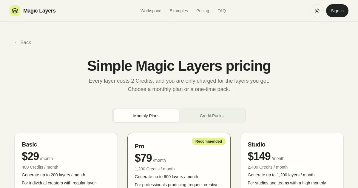 Magic Layers pricing page