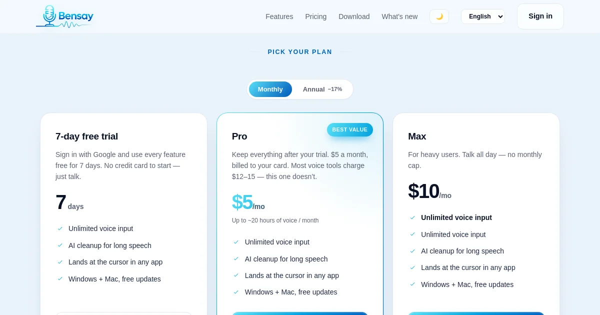 Bensay pricing page