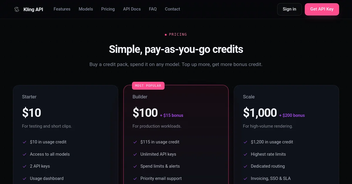Klingapi pricing page