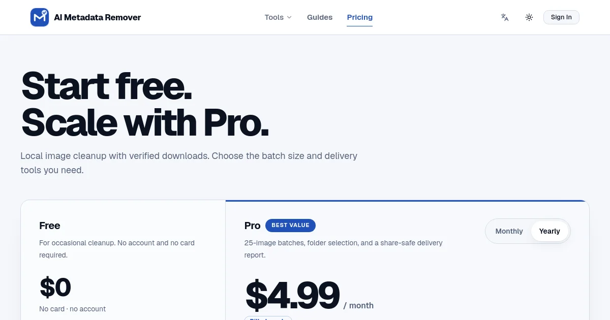 AI Metadata Remover pricing page